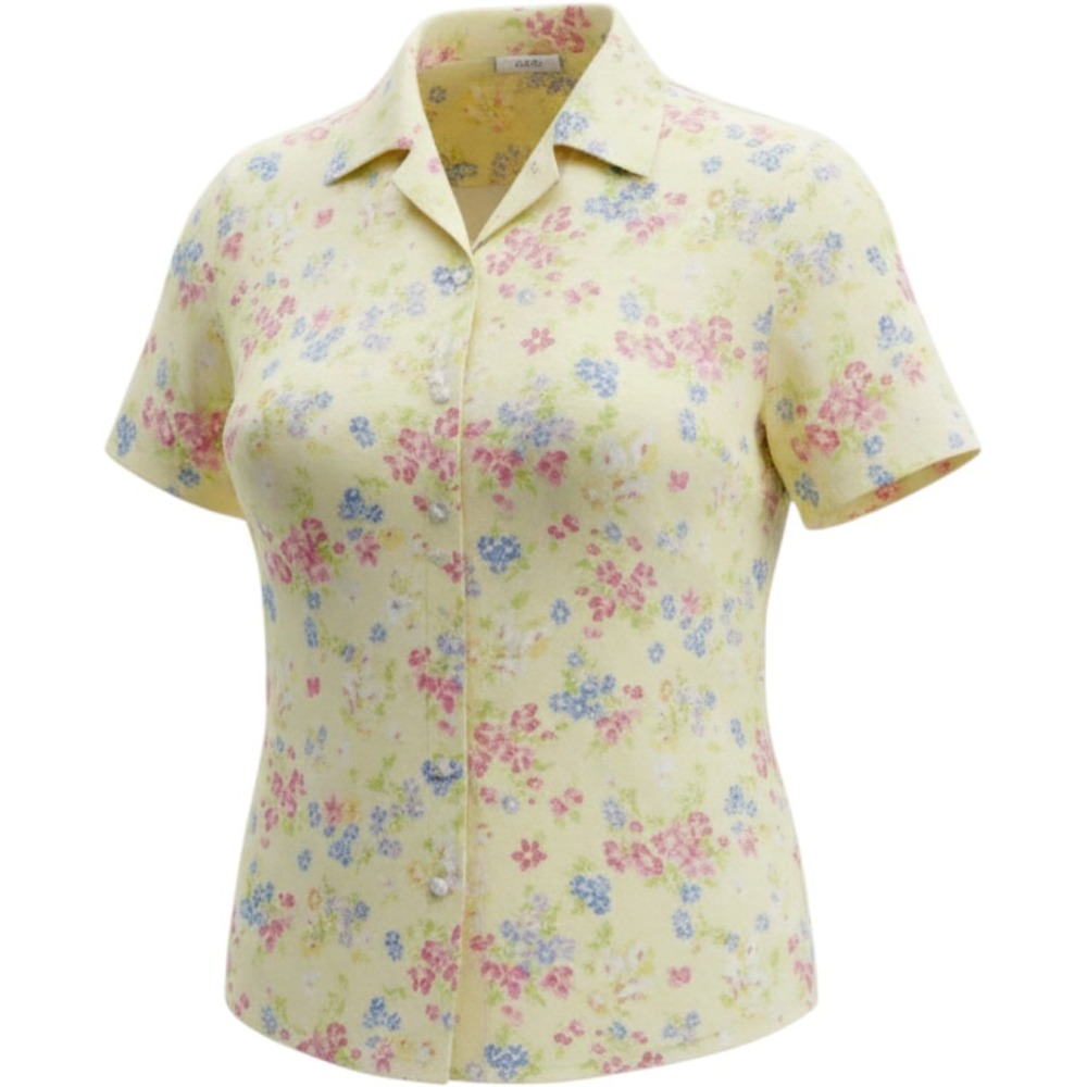 Liz Claiborne Liz Sport Yellow Floral 100% Linen Short Sleeve Button Down L